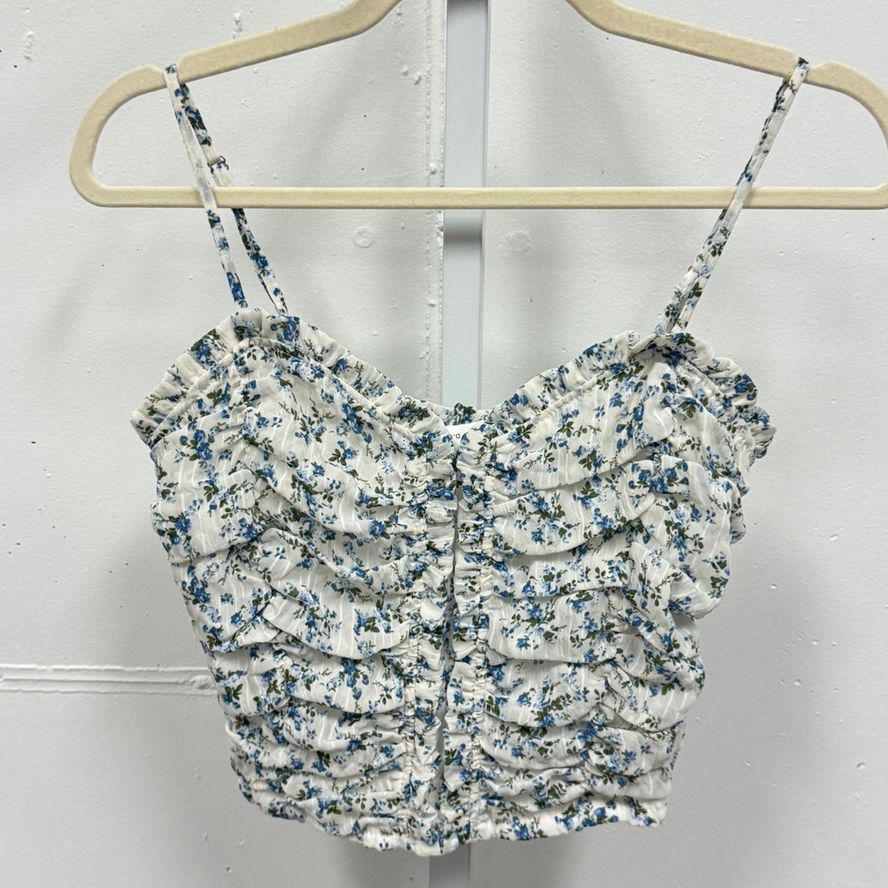 Altar'd State Ivory Blue Floral Ruched Smocked‎ Crop Cami Top Small Romantic